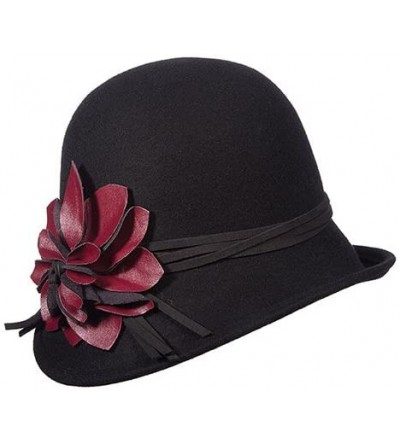 Bucket Hats Collezione Wool Felt Cloche with Faux Leather Flower - Black - CJ11RJ8NYFL $91.39