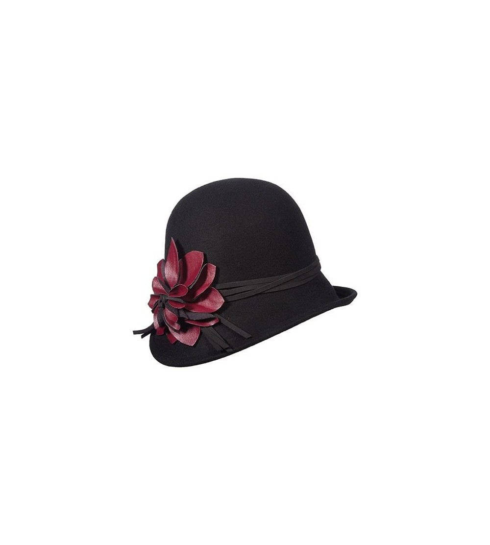 Bucket Hats Collezione Wool Felt Cloche with Faux Leather Flower - Black - CJ11RJ8NYFL $41.34