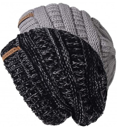 Skullies & Beanies Winter Beanie for Women - 2 Packs Fleece Lined Warm Knit Skull Slouch Beanie Hat - Black Grey & Grey - CO1...