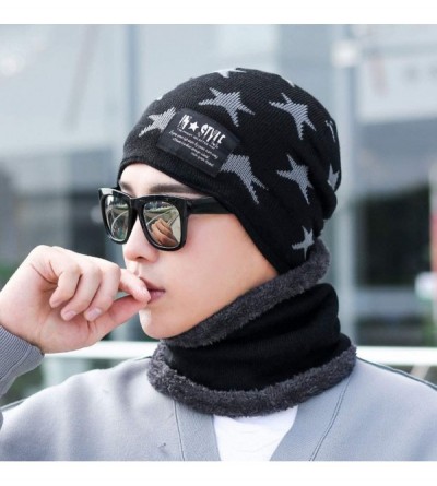 Skullies & Beanies Men's Warm Beanie Winter Thicken Hat and Scarf Two-Piece Knitted Windproof Cap Set - D-black - CF193CCH62N...