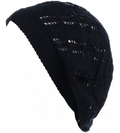 Berets Chic Parisian Style Soft Lightweight Crochet Cutout Knit Beret Beanie Hat - Wavy Stripes Black - C018EMH9KE7 $9.42