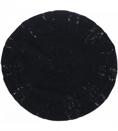 Berets Chic Parisian Style Soft Lightweight Crochet Cutout Knit Beret Beanie Hat - Wavy Stripes Black - C018EMH9KE7 $9.42