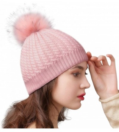 Skullies & Beanies Winter Beanie for Women Warm Knit Bobble Skull Cap Big Fur Pom Pom Hats for Women - 08 Pink With Pink Pom ...