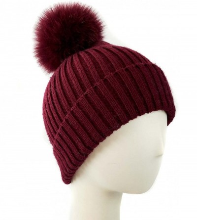 Skullies & Beanies Fox Pom Knit Hat - Removable Pom Pom Fur Ski Style Hat - Warm Winter Fashion - Wine - CK18H4KSRIR $98.87