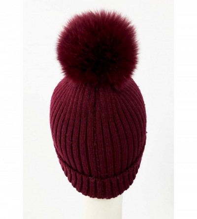 Skullies & Beanies Fox Pom Knit Hat - Removable Pom Pom Fur Ski Style Hat - Warm Winter Fashion - Wine - CK18H4KSRIR $52.27