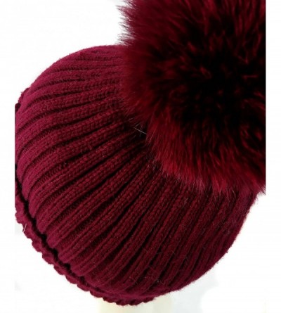 Skullies & Beanies Fox Pom Knit Hat - Removable Pom Pom Fur Ski Style Hat - Warm Winter Fashion - Wine - CK18H4KSRIR $52.27