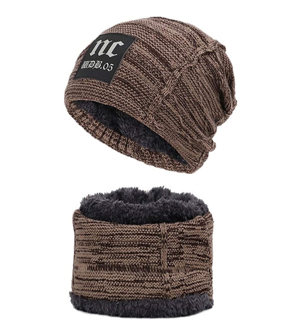 Skullies & Beanies 3 in 1 Winter Beanie Hat Scarf and Gloves Set Warm Knit Hat Thick Fleece Lined for Men Women - Nc Khaki - ...