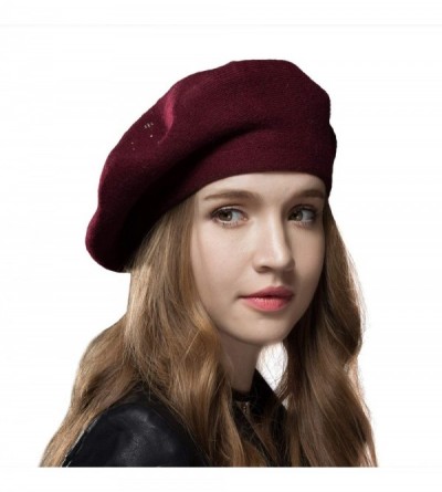Berets Classic Winter Cashmere French Knitting - Wine Red - CV18YKNH2D7 $17.76