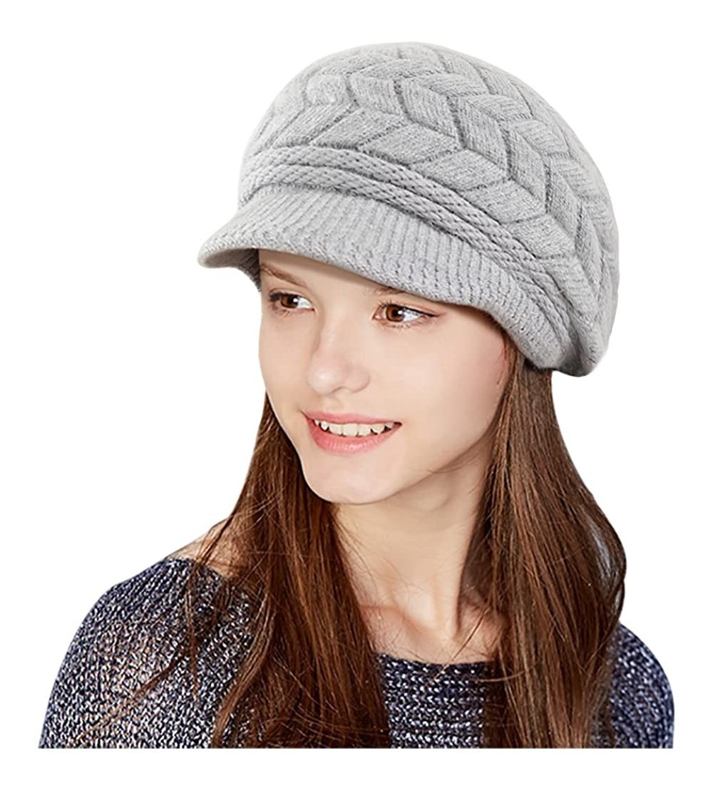 Skullies & Beanies Winter Knit Hat Stretch Warm Beanie Ski Cap with Visor for Women Girl - Gray - CL186QSDELN $12.64