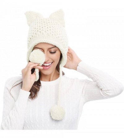 Skullies & Beanies Winter Cute Cat Ears Knit Hat Ear Flap Crochet Beanie Hat - White - CF1899L04W2 $16.28