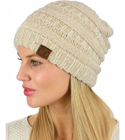 Skullies & Beanies Women's Chenille Soft Warm Thick Knit Beanie Cap Hat - Beige - CO18IQXIKXZ $15.42