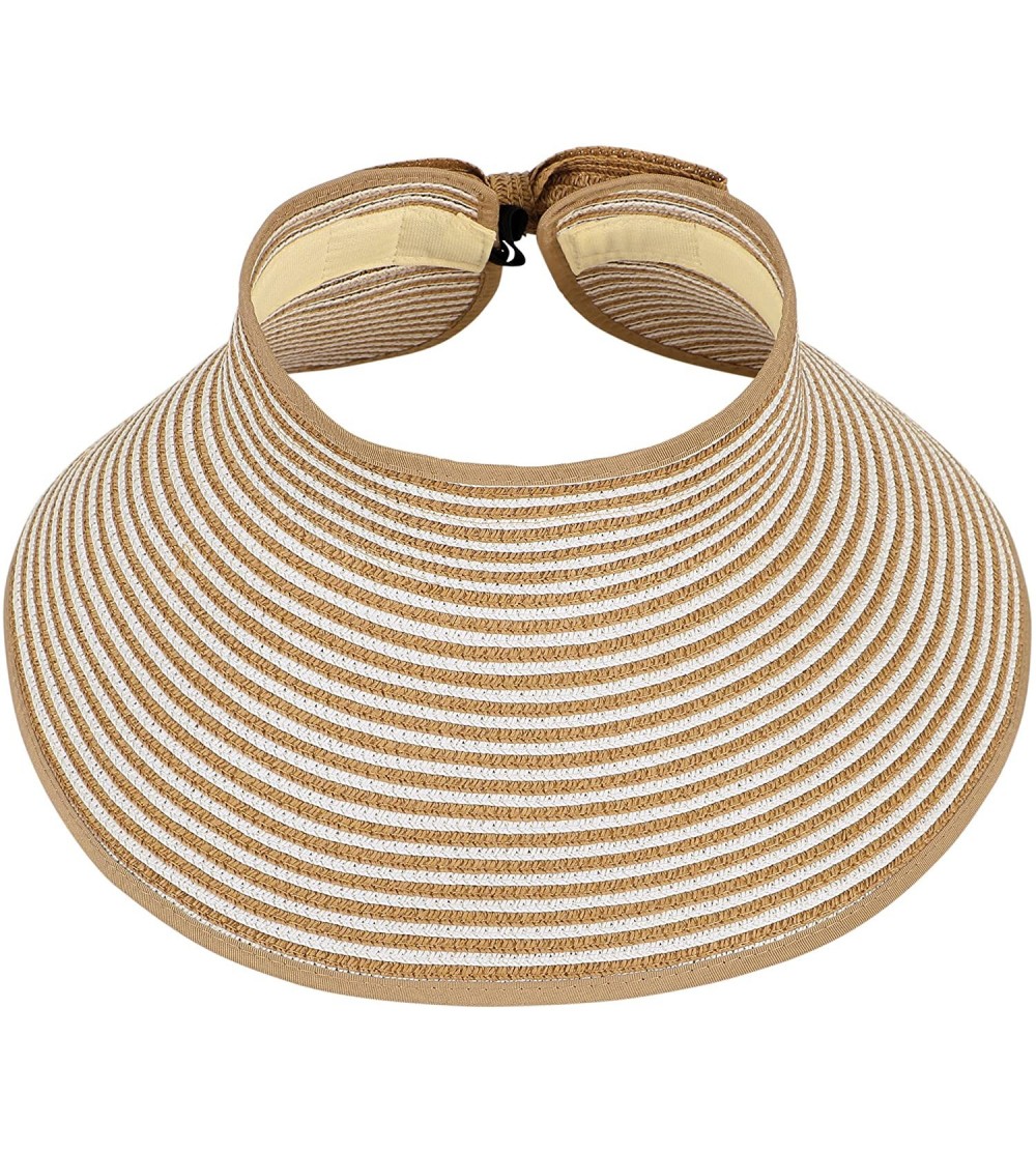 Visors Women's Summer Foldable Straw Sun Visor w/Cute Bowtie - 2066_beige/Wht - CJ12EOTHMC3 $16.40