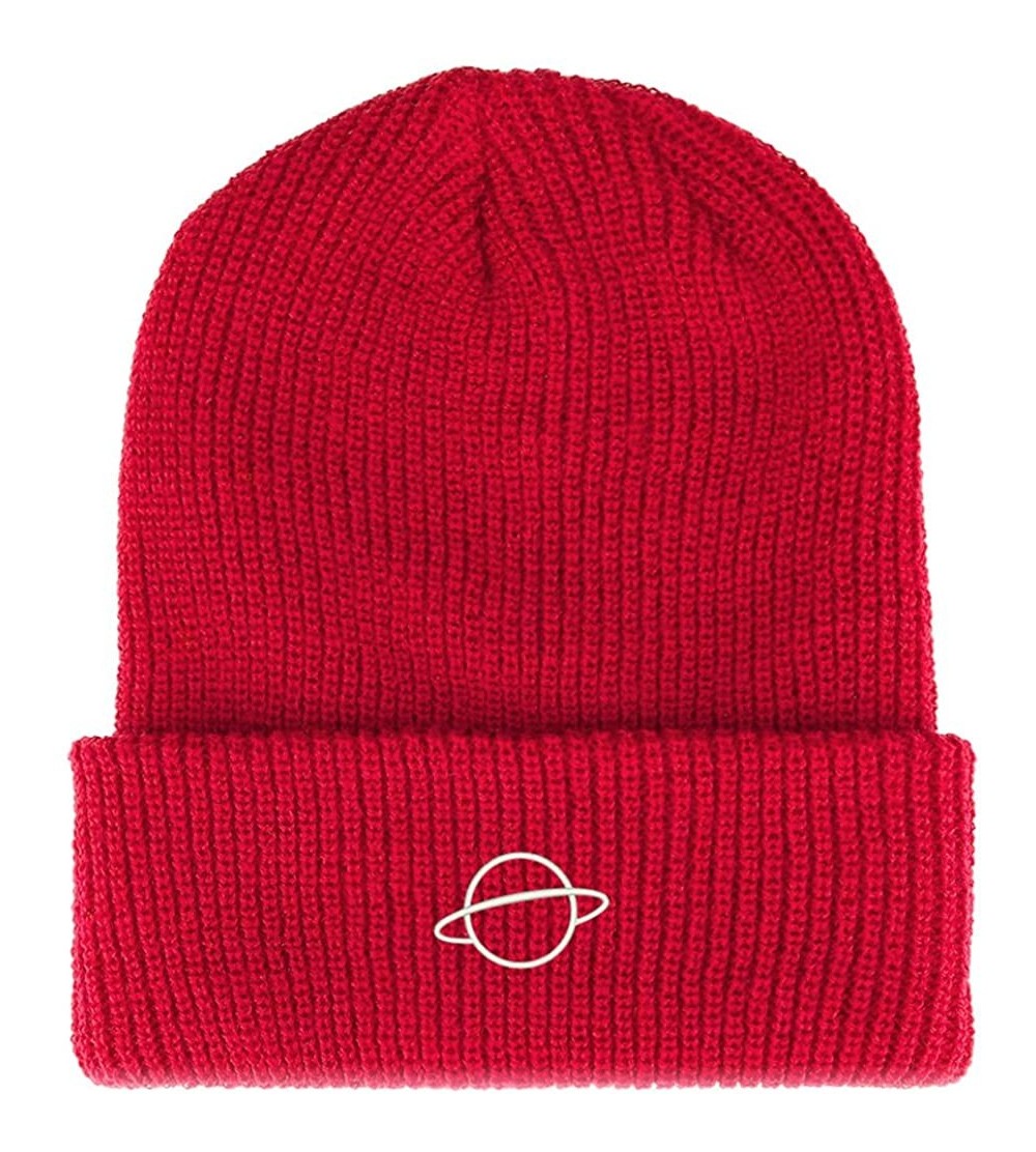 Skullies & Beanies Planet Embroidered Ribbed Cuffed Knit Beanie - Red - C3189GX7W4H $16.39