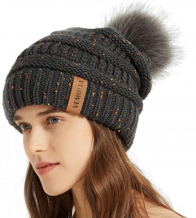 Skullies & Beanies Womens Winter Knit Slouchy Beanie Chunky Hats Bobble Hat Ski Cap with Faux Fur Pompom - Confetti Dark Grey...
