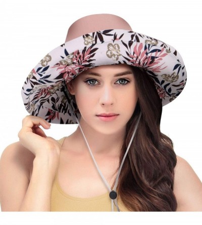 Sun Hats Women's Cotton Summer Beach Sun Hat with Wide Fold-Up Brim - Pink/Leaf - CV18RMKXGQ9 $14.02