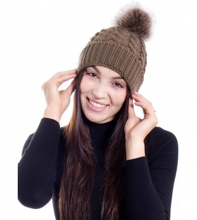 Skullies & Beanies Womens Winter Hand Knit Faux Fur Pompoms Beanie Hat - Single-khaki - CK12BYRSELB $16.26