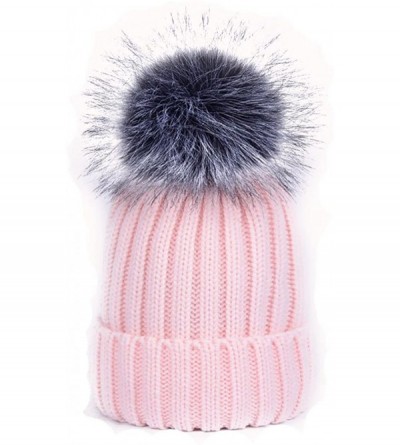 Skullies & Beanies Women Warm Faux Fur Pom Hat Soft Thick Cable Knit Winter Cap Cuff Beanie - Light Pink - CA188ZZ5OR8 $10.85