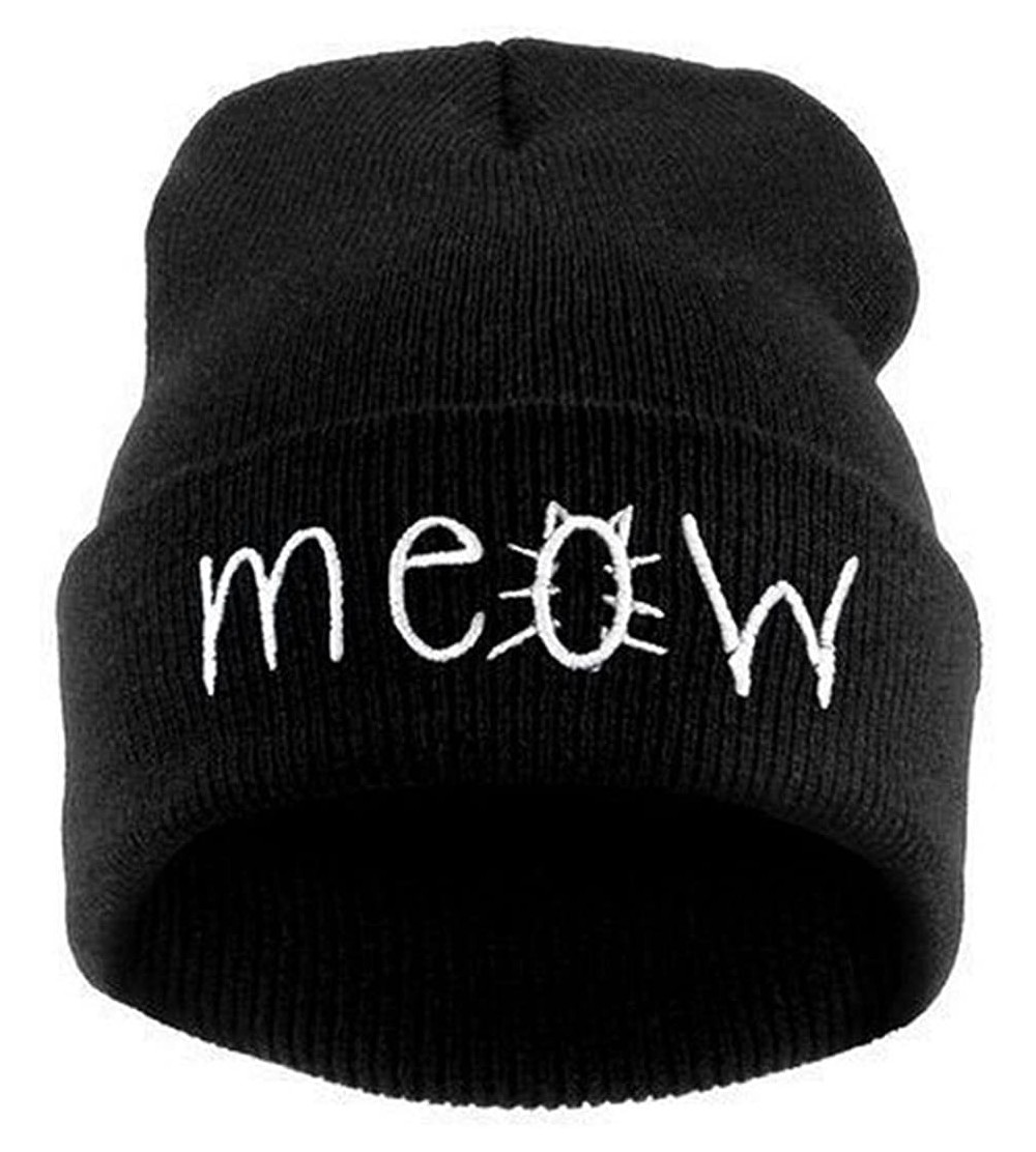 Berets Winter Knitting Meow Beanie Hat and Snapback Men and Women Hiphop Cap - Black - CD12N4QQLH6 $10.85