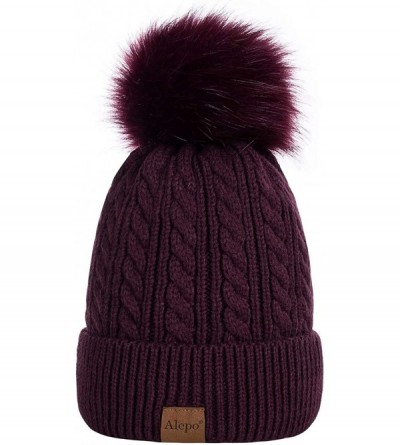 Skullies & Beanies Womens Winter Beanie Hat- Warm Fleece Lined Knitted Soft Ski Cuff Cap with Pom Pom - Dark Purple - CP18X5O...