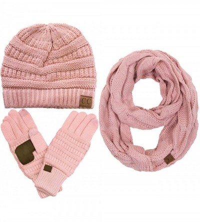Skullies & Beanies 3pc Set Trendy Warm Chunky Soft Stretch Cable Knit Beanie Scarves Gloves Set - Indi Pink - CT187GNW79R $98.49