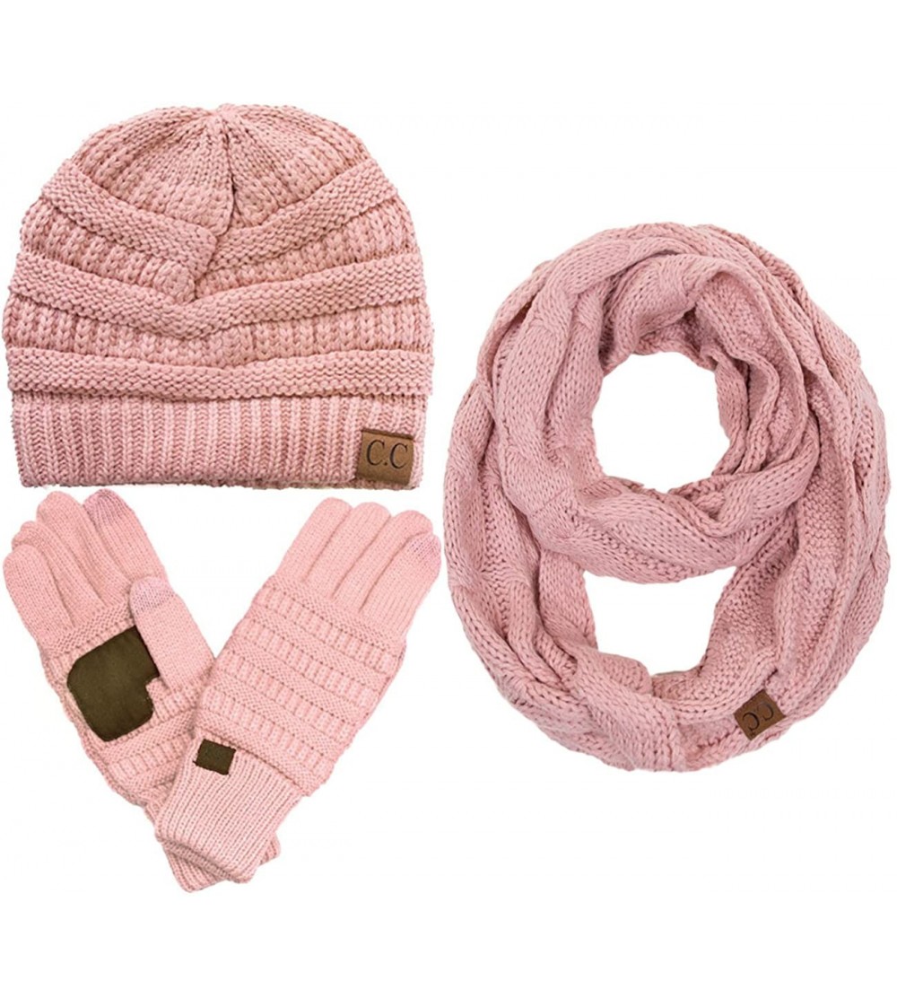 Skullies & Beanies 3pc Set Trendy Warm Chunky Soft Stretch Cable Knit Beanie Scarves Gloves Set - Indi Pink - CT187GNW79R $45.96