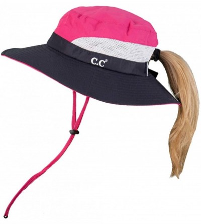 Sun Hats Ponytail Bucket Hat UPF 50+ Messy Bun Sun Hat Wide Brim Mesh Cap - Navy/Hot Pink - CX18QN9G0U4 $15.98