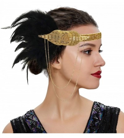 Headbands Vintage 1920s Black Feather Headpiece Gold Beaded Art Deco Flapper Headband - Chain - Gold - CY187ILDI06 $29.93