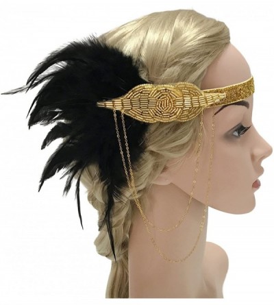 Headbands Vintage 1920s Black Feather Headpiece Gold Beaded Art Deco Flapper Headband - Chain - Gold - CY187ILDI06 $11.43