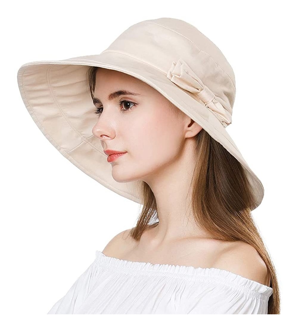 Sun Hats Womens UPF50 Cotton Packable Sun Hats w/Chin Cord Wide Brim Stylish 54-60CM - 69038_beige - C117YQD2UHZ $19.61