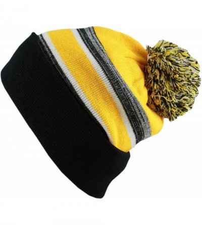 Skullies & Beanies Winter Soft Unisex Cuff Pom Pom Stripe Knit Beanie Skull Slouch Hat - Black&gold - CN18YE4K0YO $24.58