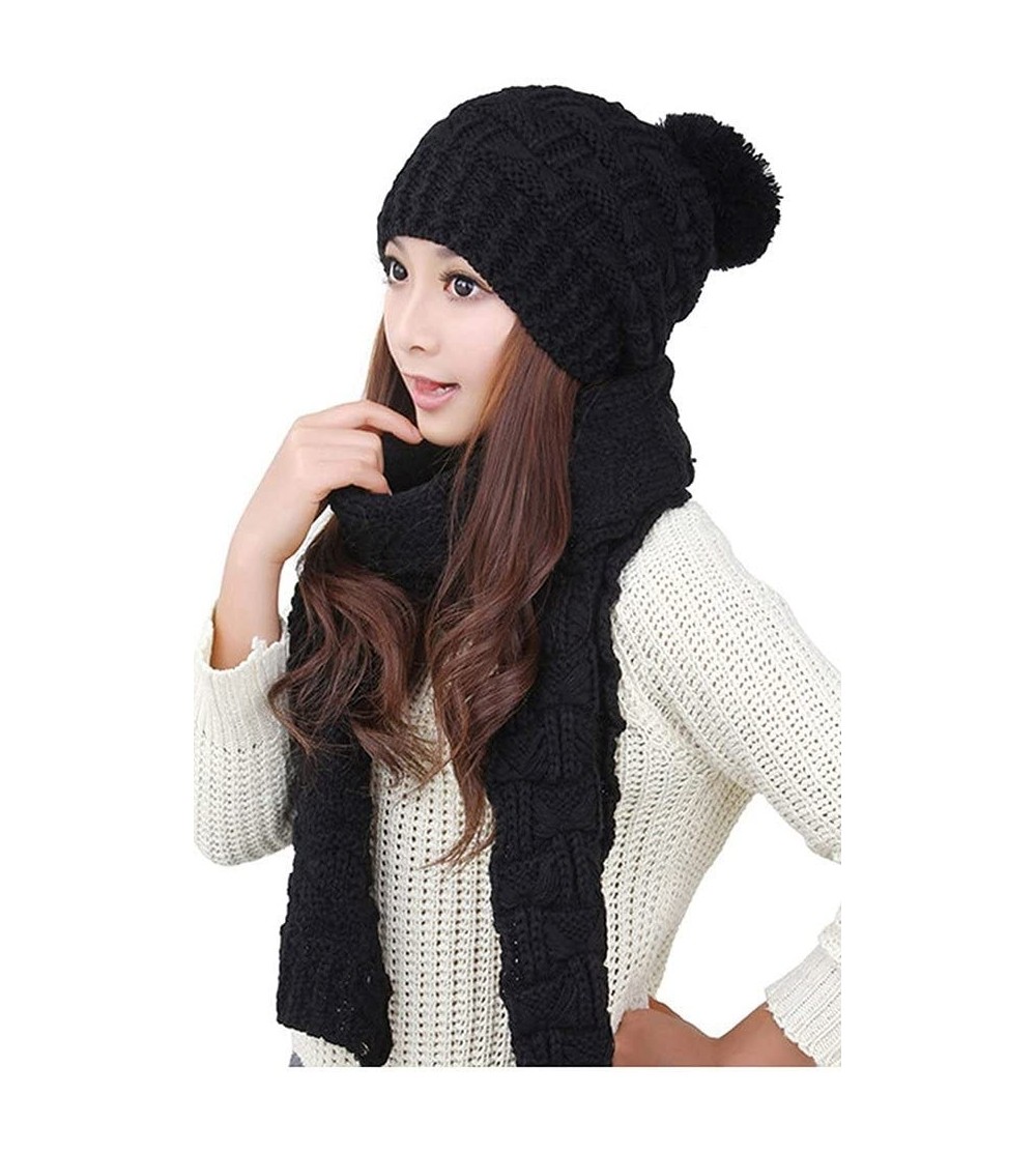 Skullies & Beanies Women Cute and Warm Knit Caps Beanies Hat Two Peice Set for Winter Headwear (Black) - C512OCHSCIR $27.71