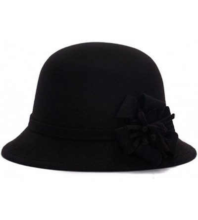 Bomber Hats Fahion Style Woolen Cloche Bucket Hat with Flower Accent Winter Hat for Women - Pure Black-b - CL1208QHEVP $48.75