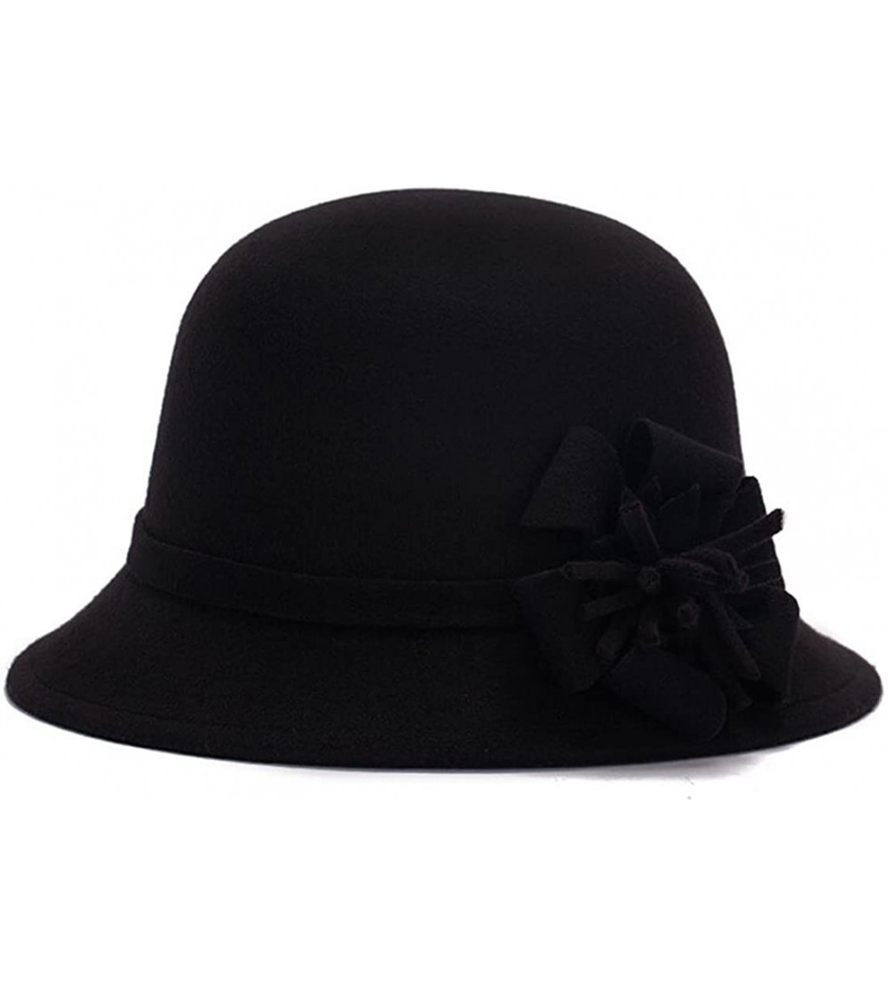 Bomber Hats Fahion Style Woolen Cloche Bucket Hat with Flower Accent Winter Hat for Women - Pure Black-b - CL1208QHEVP $48.75