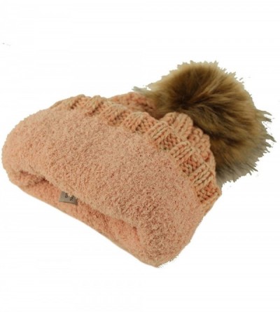 Skullies & Beanies Winter Sherpa Fleeced Lined Chunky Knit Stretch Pom Pom Beanie Hat Cap - Mix Pink - CZ18I6ST2XO $21.12