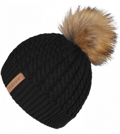 Sun Hats Winter Beanie for Women Warm Knit Bobble Skull Cap Big Fur Pom Pom Hats for Women - 14 Dark Blue With Blue Pom - CJ1...