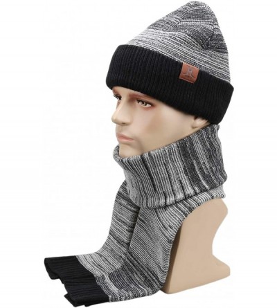 Skullies & Beanies Men's Winter Warm Knit Beanie Hat Scarf Set Skull Cap with Long Scarf for Men - Black - CY18XW9ACN3 $15.66