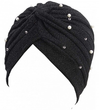Sun Hats Shiny Turban Hat Headwraps Twist Pleated Hair Wrap Stretch Turban - Black - CA18Y50N0ZE $12.39
