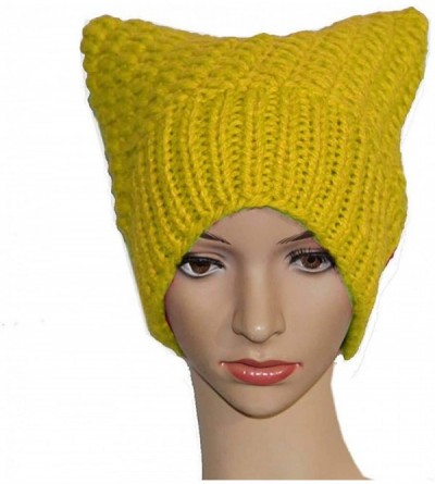 Skullies & Beanies 100% Handmade Knitted Pussy Cat Hat for Women's March Winter Warm Beanie Cap - Yellow - C618L6NC6NM $11.17