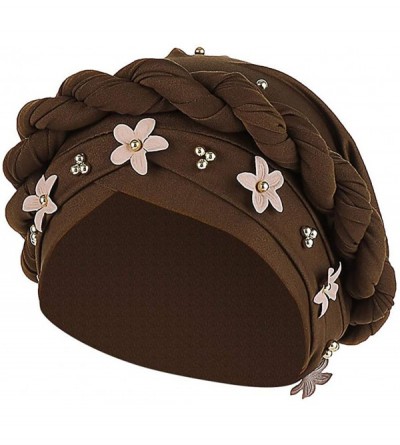 Skullies & Beanies Muslim Hat Pleated Twist Turbans for Women African Printing India Chemo Cap Flower Headwrap - Coffee - CM1...