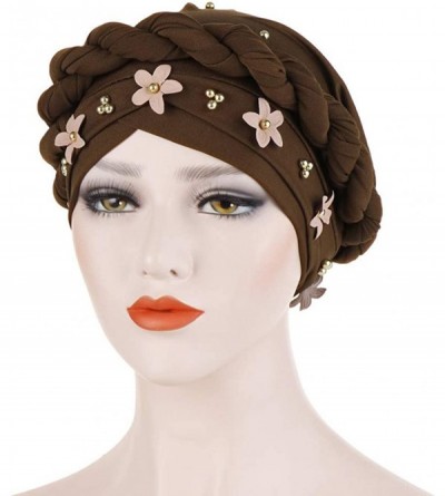 Skullies & Beanies Muslim Hat Pleated Twist Turbans for Women African Printing India Chemo Cap Flower Headwrap - Coffee - CM1...