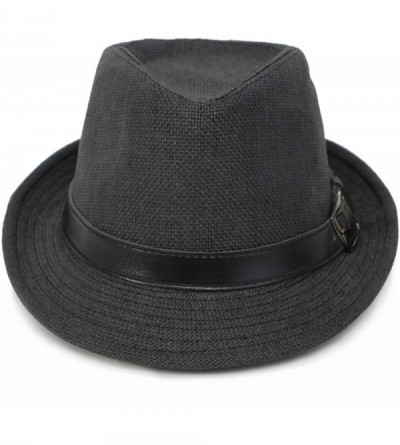 Fedoras Beach Straw Fedora Hat w/Solid Hat Band for Men & Women - Black Hat Black Belt - CE17X6OS32A $11.56