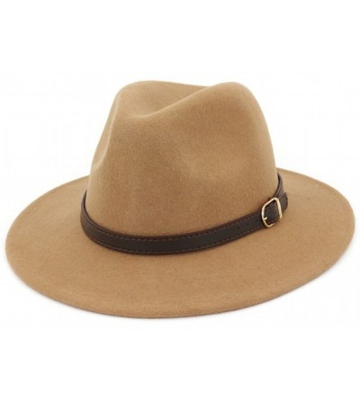 Fedoras Women's 100% Wool Fedora Panama Hat Wide Brim with Belt - A-khaki - CN18E4RDTEC $21.95