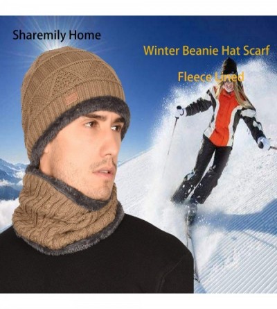Skullies & Beanies 2-Pieces Winter Beanie Hat Scarf Set Warm Hat Thick Knit Skull Cap Fleece Lined for Men Women - Red - CG18...