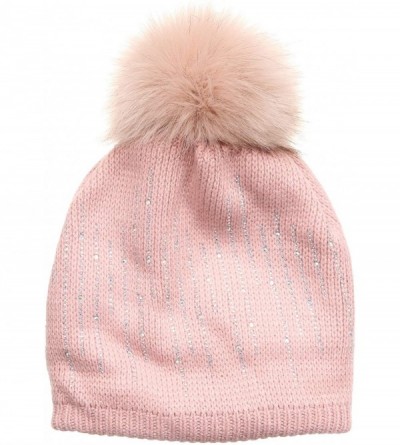 Skullies & Beanies Women's Winter Hats Rib Knit Soft Sherpa Lined Raindrop Rhinestone Studded Warm Luxury Pom Beanies - CN18I...