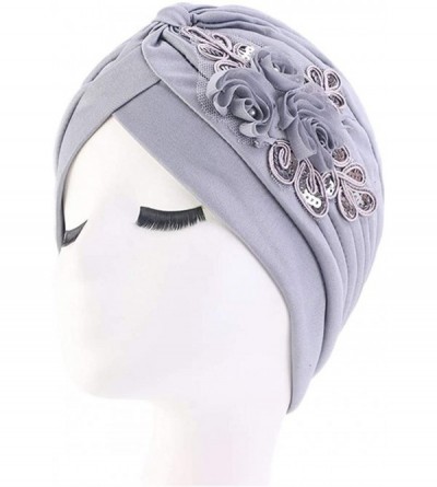 Skullies & Beanies Womens Sequin Flower Turban Elegant Muslim Beanie Head wrap Chemo Cap - Gray - CL18W2TNLHT $11.30