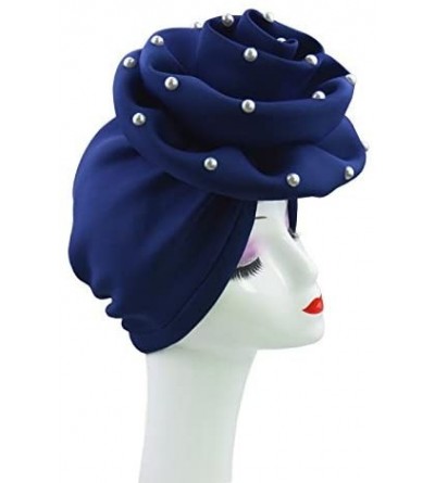 Skullies & Beanies Nigerian gele Hats with Pearl Handmade African Hele Turban Cap - Royal Blue - C918G9LEZUD $26.43