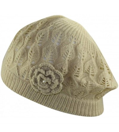 Skullies & Beanies Womens Super Soft Flower Laciness Knit Beanie Hat - Beige - C011ZVCXBWN $11.64