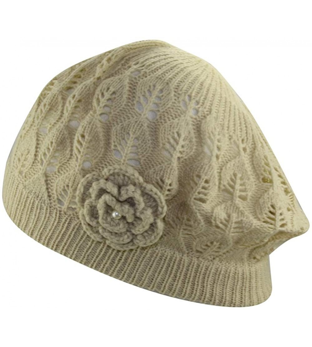 Skullies & Beanies Womens Super Soft Flower Laciness Knit Beanie Hat - Beige - C011ZVCXBWN $11.64