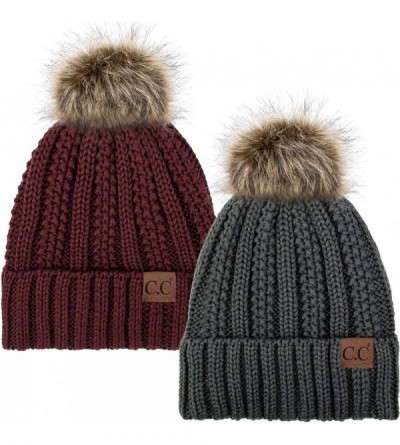 Skullies & Beanies Thick Cable Knit Hat Faux Fur Pom Fleece Lined Cap Cuff Beanie 2 Pack - Dk Melange/Maroon - CM1924AWTOY $2...