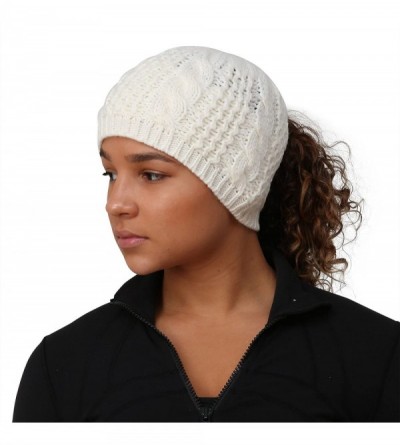 Skullies & Beanies Ponytail Hat - Cable Knit Winter Beanie for Women - Snow White - CS12K2YFQBD $20.15